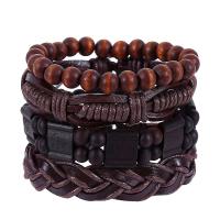 PU Leather Bracelet Set, with Linen & Wood, handmade, Unisex & adjustable, more colors for choice, Length:Approx 7 Inch, 4Strands/Lot, Sold By Lot