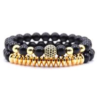 Black Stone Bracelet Set, with Elastic Thread & Brass, plated, Unisex & anti-fatigue & micro pave cubic zirconia, more colors for choice, nickel, lead & cadmium free, 8mm, Length:Approx 7.5 Inch, 6Sets/Lot, Sold By Lot
