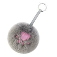 Fur Ball Pom Pom Keychain, Tibetan Style, with PU Leather & Faux Rabbit Hair, Bear Paw, silver color plated, for woman, grey, nickel, lead & cadmium free, 100x200mm, Sold By PC