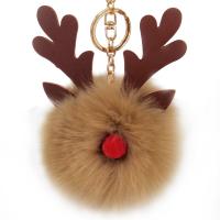Fur Ball Pom Pom Keychain, Tibetan Style, with PU Leather & Faux Rabbit Hair, Antlers, gold color plated, for woman, more colors for choice, nickel, lead & cadmium free, 100x180mm, Sold By PC