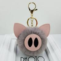 Fur Ball Pom Pom Keychain Zinc Alloy with PU Leather & Faux Rabbit Hair Pig gold color plated for woman nickel lead & cadmium free Sold By PC