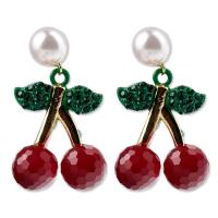 Tibetan Style Drop Earrings, with Crystal & Plastic Pearl, Cherry, gold color plated, for woman & enamel & faceted & with rhinestone, red, nickel, lead & cadmium free, 25x40mm, Sold By Pair