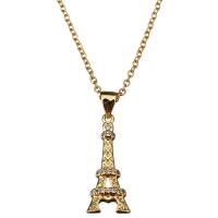 Colar de jóias de aço inoxidável, with 1.5Inch extender chain, Torre Eiffel, cromado de cor dourada, cadeia oval & para mulher & com strass, 9x22mm, 2mm, vendido para Aprox 18 inchaltura Strand