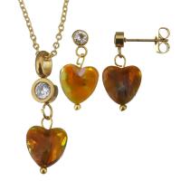 Fashion Stainless Steel Jewelry Sets earring & necklace with Resin Heart gold color plated oval chain & for woman & with rhinestone 1.5mm 21mm Length Approx 17 Inch Sold By Set