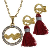 Fashion Stainless Steel Jewelry Sets, earring & necklace, with Cotton Thread & Rhinestone Clay Pave, gold color plated, oval chain & for woman, 16.5x19mm, 1.5mm, 10.5x30mm, Length:Approx 17 Inch, Sold By Set
