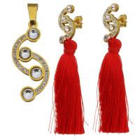 Fashion Stainless Steel Jewelry Sets, pendant & earring, with Cotton Thread & Rhinestone Clay Pave, gold color plated, for woman, 17x37mm, 9x60mm, Hole:Approx 5x7mm, Sold By Set