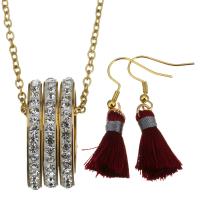 Fashion Stainless Steel Jewelry Sets, earring & necklace, with Cotton Thread & Rhinestone Clay Pave, gold color plated, oval chain & for woman, 9x22mm, 2mm, 42mm, 6x23mm, Length:Approx 20 Inch, Sold By Set
