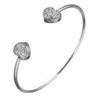Stainless Steel Cuff Bangle, with Rhinestone Clay Pave, Heart, for woman, original color, 11mm, 2mm, Inner Diameter:Approx 57mm, Sold By PC