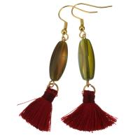 Stainless Steel Tassel Earring with Cotton Thread & Agate gold color plated for woman 65mm Sold By Pair