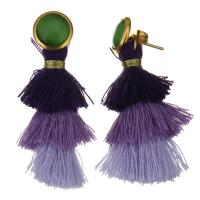 Stainless Steel Tassel Earring with Cotton Thread & Cats Eye gold color plated for woman Sold By Pair