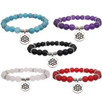 Natural Gemstone & Zinc Alloy Spacer Bracelets with Lotus Pattern Alloy Charms antique silver color plated & for woman 8mm 1.5mm Sold Per Approx 7 Inch Strand