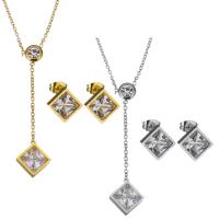 Fashion Stainless Steel Jewelry Sets, earring & necklace, with Crystal, with 2Inch extender chain, Rhombus, plated, oval chain & for woman & faceted, more colors for choice, 12x13mm, 1.5mm, 12x12mm, Length:Approx 16 Inch, Sold By Set