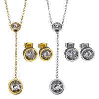 Fashion Stainless Steel Jewelry Sets earring & necklace with 2Inch extender chain Flat Round plated oval chain & for woman & with rhinestone 1.5mm 9mm Length Approx 16 Inch Sold By Set