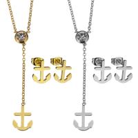 Fashion Stainless Steel Jewelry Sets, earring & necklace, with 2Inch extender chain, Anchor, plated, oval chain & for woman & with rhinestone, more colors for choice, 9x13mm, 1.5mm, 9x12mm, Length:Approx 16 Inch, Sold By Set