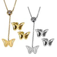 Fashion Stainless Steel Jewelry Sets earring & necklace with 2Inch extender chain Butterfly plated oval chain & for woman & with rhinestone 1.5mm Length Approx 16 Inch Sold By Set