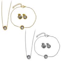 Fashion Stainless Steel Jewelry Sets, bracelet & earring & necklace, with 2Inch, 1Inch extender chain, Flat Round, plated, oval chain & for woman & with rhinestone, more colors for choice, 11x9mm, 1.5mm, 11x9mm, 1.5mm, 9mm, Length:Approx 16 Inch, Approx 6 Inch, Sold By Set