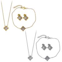 Fashion Stainless Steel Jewelry Sets, bracelet & earring & necklace, with 2Inch, 1Inch extender chain, Rhombus, plated, oval chain & for woman & with rhinestone, more colors for choice, 12x12mm, 1.5mm, 15x12mm, 1.5mm, 12x12mm, Length:Approx 16 Inch, Approx 6 Inch, Sold By Set