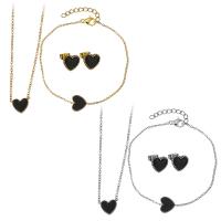 Fashion Stainless Steel Jewelry Sets, bracelet & earring & necklace, with 2Inch, 1Inch extender chain, Heart, plated, oval chain & for woman & enamel, more colors for choice, 12.5x9mm, 1.5mm, 11x10mm, 1.5mm, 10.5x9.5mm, Length:Approx 16 Inch, Approx 6 Inch, Sold By Set