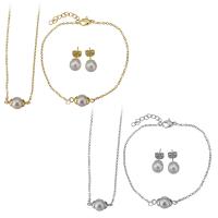 Fashion Stainless Steel Jewelry Sets, bracelet & earring & necklace, with Glass Pearl, with 2Inch, 1Inch extender chain, plated, oval chain & for woman, more colors for choice, 16x8mm, 1.5mm, 16x8mm, 1.5mm, 8mm, Length:Approx 16 Inch, Approx 7 Inch, Sold By Set