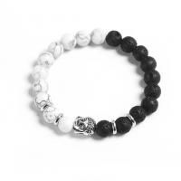 Howlite Bracelet, with Lava & Tibetan Style, for woman, white and black, 8mm, 10mm, Sold Per Approx 6.8-8.2 Inch Strand