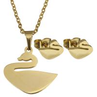 Fashion Stainless Steel Jewelry Sets, Stud Earring & necklace, Swan, gold color plated, oval chain & for woman, 18x16.5mm, 1.5mm, 9x7mm, Length:Approx 17 Inch, Sold By Set