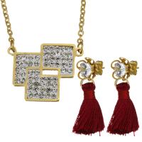 Fashion Stainless Steel Jewelry Sets, earring & necklace, with Cotton Thread & Rhinestone Clay Pave, gold color plated, oval chain & for woman & with rhinestone, deep coffee color, 25x19mm, 2mm, 10x33mm, Length:Approx 22 Inch, Sold By Set