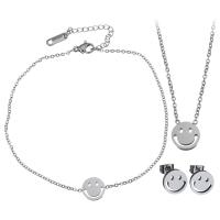 Fashion Stainless Steel Jewelry Sets, Stud Earring & bracelet & necklace, with 2lnch extender chain, Smiling Face, oval chain & for woman, original color, 10x11mm, 1.5mm, 14x10mm, 1.5mm, 10mm, Length:Approx 14 Inch, Approx 9 Inch, Sold By Set