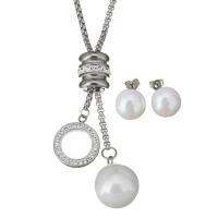 Fashion Stainless Steel Jewelry Sets Stud Earring & sweater chain necklace with Rhinestone Clay Pave & Glass Pearl adjustable & box chain & for woman original color  2.5mm 8mm Length Approx 23 Inch Sold By Set