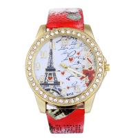 Women Wrist Watch PU Leather with zinc alloy dial & Glass stainless steel pin buckle Round gold color plated for woman & with rhinestone lead & cadmium free 40mm Length Approx 9 Inch Sold By PC