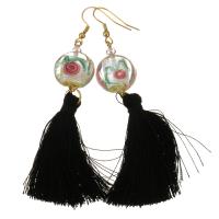Stainless Steel Tassel Earring with Cotton Thread & Lampwork gold color plated for woman black 89mm Sold By Pair