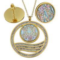 Fashion Stainless Steel Jewelry Sets, Stud Earring & necklace, with Rhinestone Clay Pave & Resin, with 2lnch extender chain, gold color plated, oval chain & for woman, 30x34mm, 1.2mm, 16mm, Length:Approx 17 Inch, Sold By Set