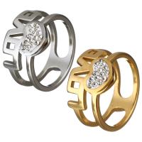 حجر الراين خاتم الإصبع الفولاذ المقاوم للصدأ, مع حجر الراين طين تمهيد, قلب, الحب كلمة, مطلي, حجم مختلفة للاختيار & للمرأة, المزيد من الألوان للاختيار, 14mm, تباع بواسطة PC