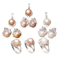 Natural Cultured Freshwater Pearl Jewelry Sets, Stud Earring & pendant & finger ring, with Brass, silver color plated, micro pave cubic zirconia, more colors for choice, 10x18x8mm, Hole:Approx 3x4mm, US Ring Size:8, Sold By Set