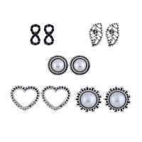 Tibetan Style Stud Earring Set, with Plastic Pearl, antique silver color plated, for woman & with rhinestone, nickel, lead & cadmium free, 10x3mm, 6x12mm, 9x9mm, 13x13mm, 12x15mm, 5Pairs/Lot, Sold By Lot