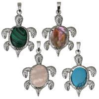 Brass Jewelry Pendants, with Gemstone, Turtle, silver color plated, different materials for choice, nickel, lead & cadmium free, 27x38x6mm, Hole:Approx 5x7mm, 10PCs/Lot, Sold By Lot
