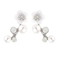 Tibetan Style Stud Earring, with Glass Pearl, Flower, silver color plated, for woman & with rhinestone, white, nickel, lead & cadmium free, 20x13mm, Sold By Pair