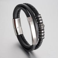 PU Leather Bracelet, with Stainless Steel, different size for choice & for man, black, 185mm, 205mm, 220mm, Sold By Strand