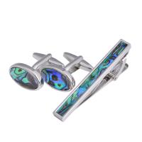 Brass Tie Clip Cufflink Set tie clip & cufflink with Abalone Shell platinum color plated & for man blue nickel lead & cadmium free Sold By Lot