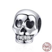 Thailand Sterling Silver Beads, Skull, micro pave cubic zirconia & without troll, 8x10mm, Hole:Approx 4.5-5mm, Sold By PC