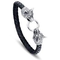 PU Leather Cord Bracelets, with Stainless Steel, Wolf, for man & blacken, black, 8mm, Sold Per Approx 9.2 Inch Strand