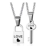 Edelstahl Ehepaar Halskette, Lock and Key, mit Brief Muster & Emaille, 12x30mm, 11x36mm, 2SträngeStrang/Menge, verkauft von Menge