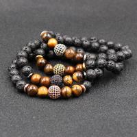 Lava Bracelet, with Tiger Eye & Brass, plated, Unisex & micro pave cubic zirconia, more colors for choice, 8mm, Length:Approx 7.5 Inch, 10Strands/Lot, Sold By Lot