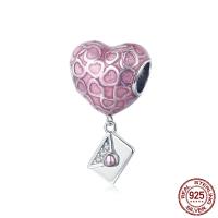 925 Sterling Silver European Beads, Heart, platinum plated, micro pave cubic zirconia & without troll & enamel, pink, 12x21mm, Hole:Approx 4.5-5mm, Sold By PC