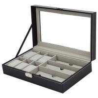 Watch Jewelry Box, PU Leather, with Velveteen & Glass & Wood & Tibetan Style, Rectangle, black, 330x200x80mm, Sold By PC