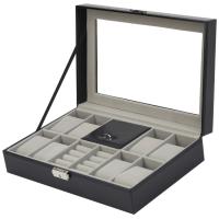 Watch Jewelry Box, PU Leather, with Velveteen & Glass & Tibetan Style, Rectangle, multifunctional, black, 305x202x80mm, Sold By PC