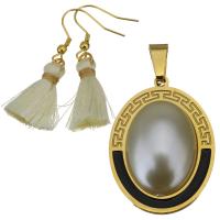 Fashion Stainless Steel Jewelry Sets, pendant & earring, with Cotton Thread & Glass Pearl, gold color plated, for woman & enamel, 26x35mm, 43mm, 23mm, Hole:Approx 4.5x8mm, Sold By Set