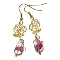 Stainless Steel Drop Earring with Lampwork Flower gold color plated for woman pink 56mm Sold By Pair