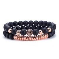 Black Stone Couple Bracelet, with Elastic Thread & Brass, plated, Unisex & micro pave cubic zirconia, more colors for choice, 8mm, Length:Approx 7.5 Inch, 2Strands/Set, Sold By Set