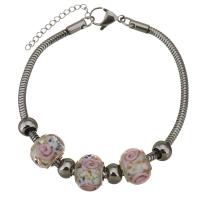 Stainless Steel European Bracelet with Lampwork with 1lnch extender chain Flower snake chain & for woman pink 3mm Sold Per Approx 8.5 Inch Strand