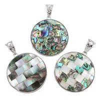 Natural Abalone Shell Pendants, Black Shell, with Abalone Shell Paper & White Shell & Brass, Flat Round, platinum color plated, different styles for choice, 51x56x6mm, Hole:Approx 6x15mm, 10PCs/Bag, Sold By Bag